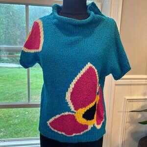 Vintage Chunky Knit Sweater - Turquoise w/Bright Colors - Women's Large
